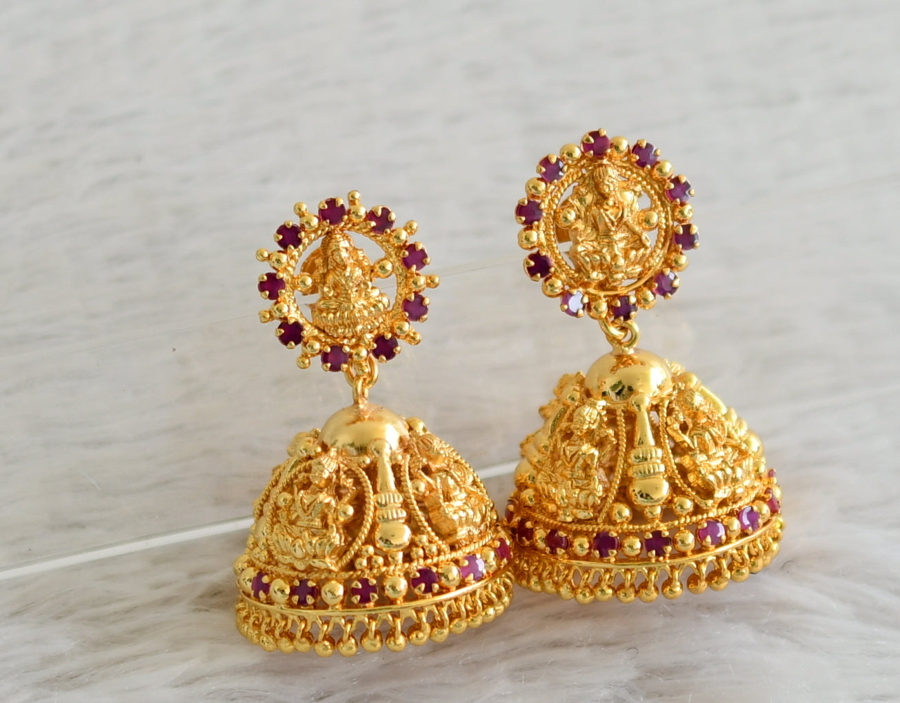 Gold tone kerala style ruby stone lakshmi jhumkka dj-49196