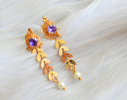 Gold tone purple pearl leaf earrings dj-42673