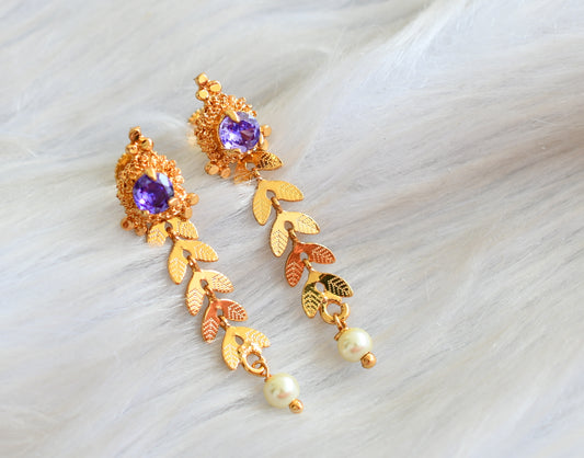 Gold tone purple pearl leaf earrings dj-42673