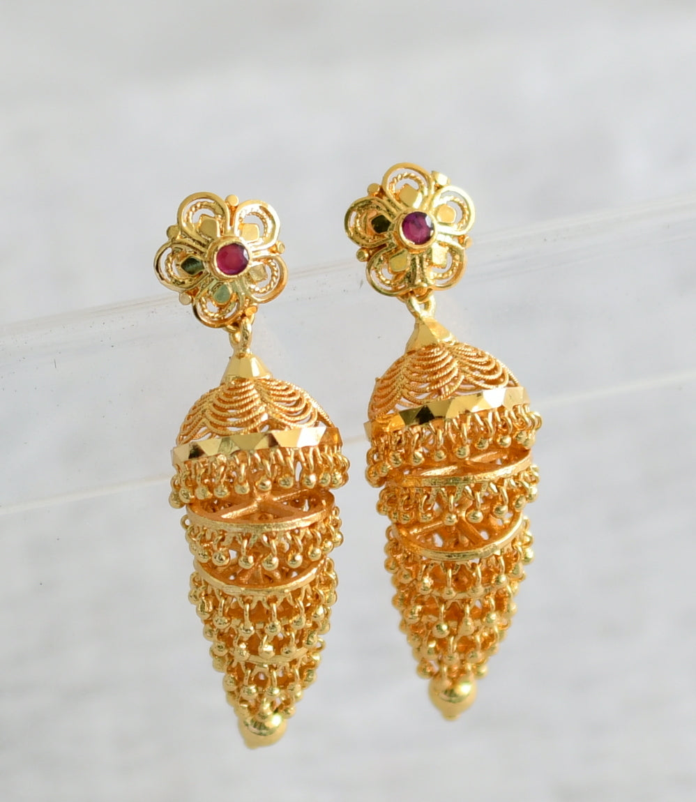 Gold tone kerala style ruby stone flower step jhumkka dj-49197