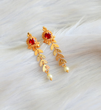 Gold tone maroon pearl leaf earrings dj-42674