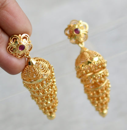 Gold tone kerala style ruby stone flower step jhumkka dj-49197