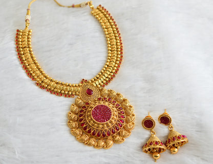 Antique Gold Tone Transparent Pink Necklace Set dj-09266