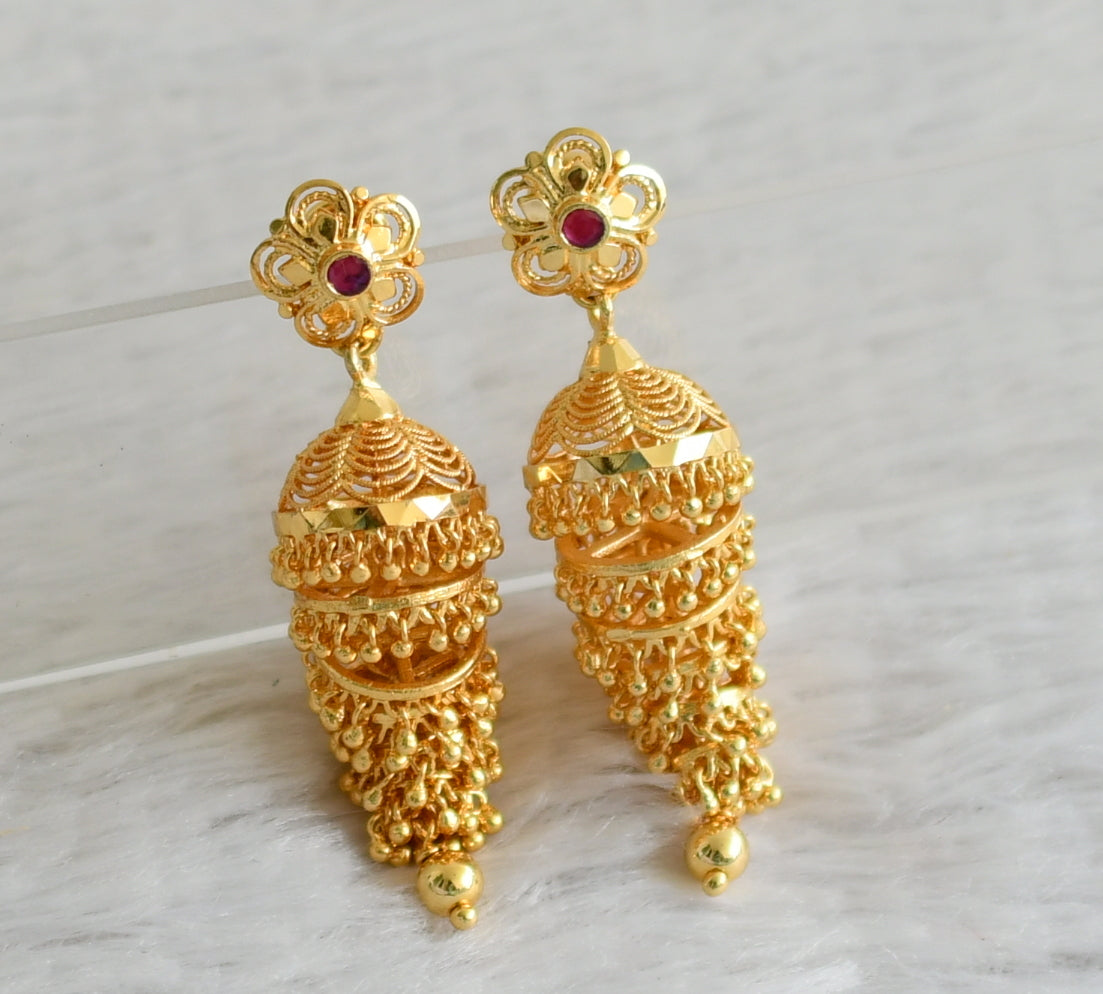 Gold tone kerala style ruby stone flower step jhumkka dj-49197