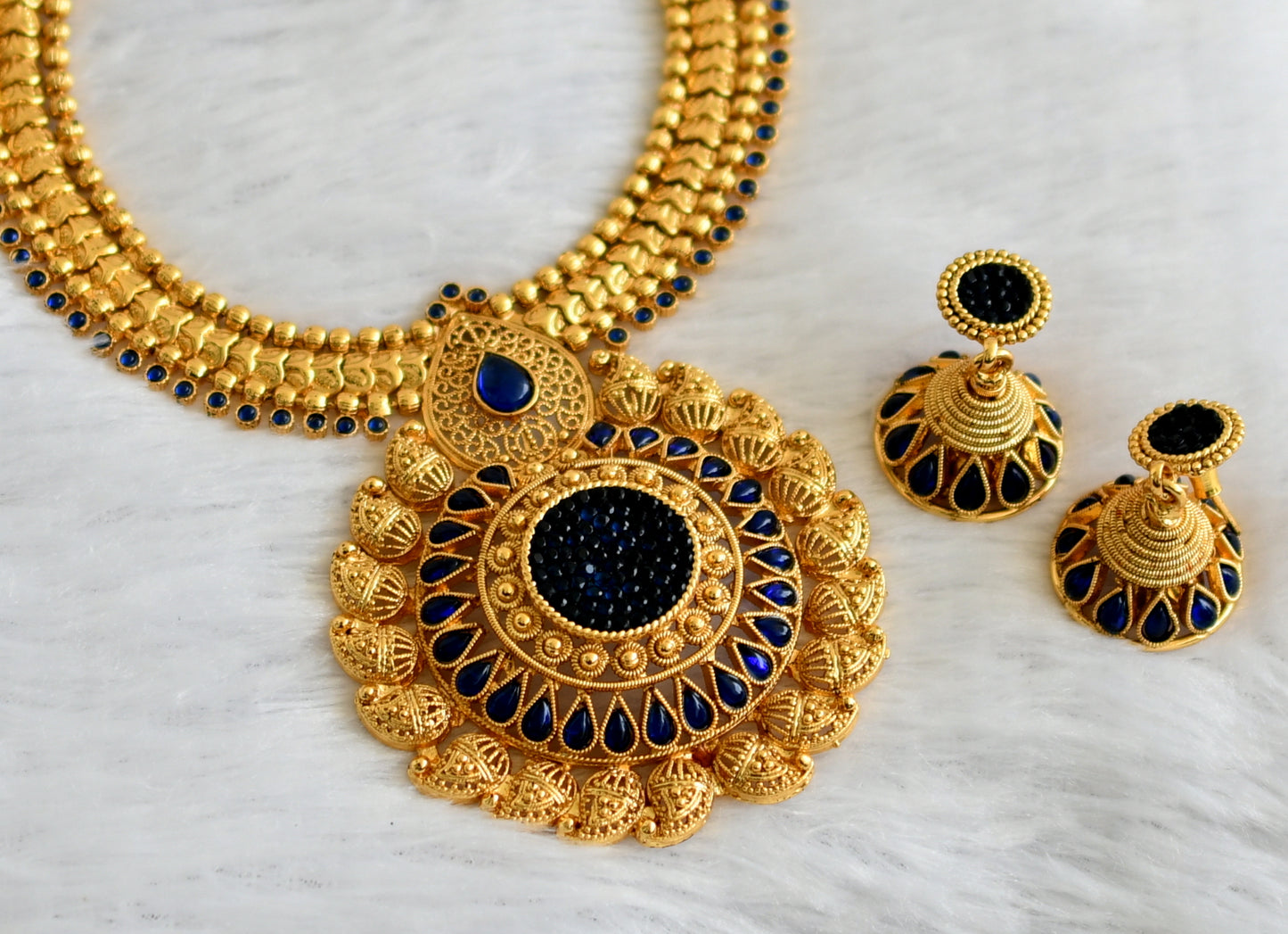 Antique Gold Tone Transparent Blue Necklace Set-dj09267