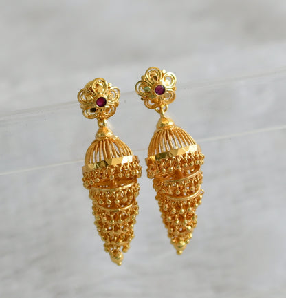 Gold tone kerala style ruby flower step jhumkka dj-49198