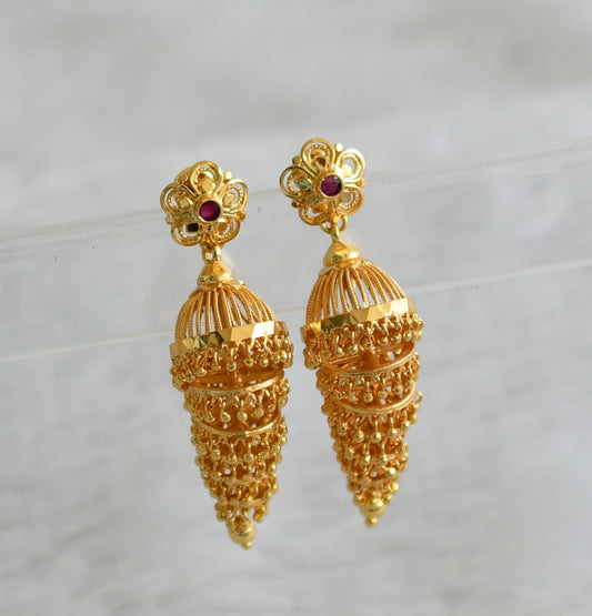 Gold tone kerala style ruby fkower step jhumkka dj-49198