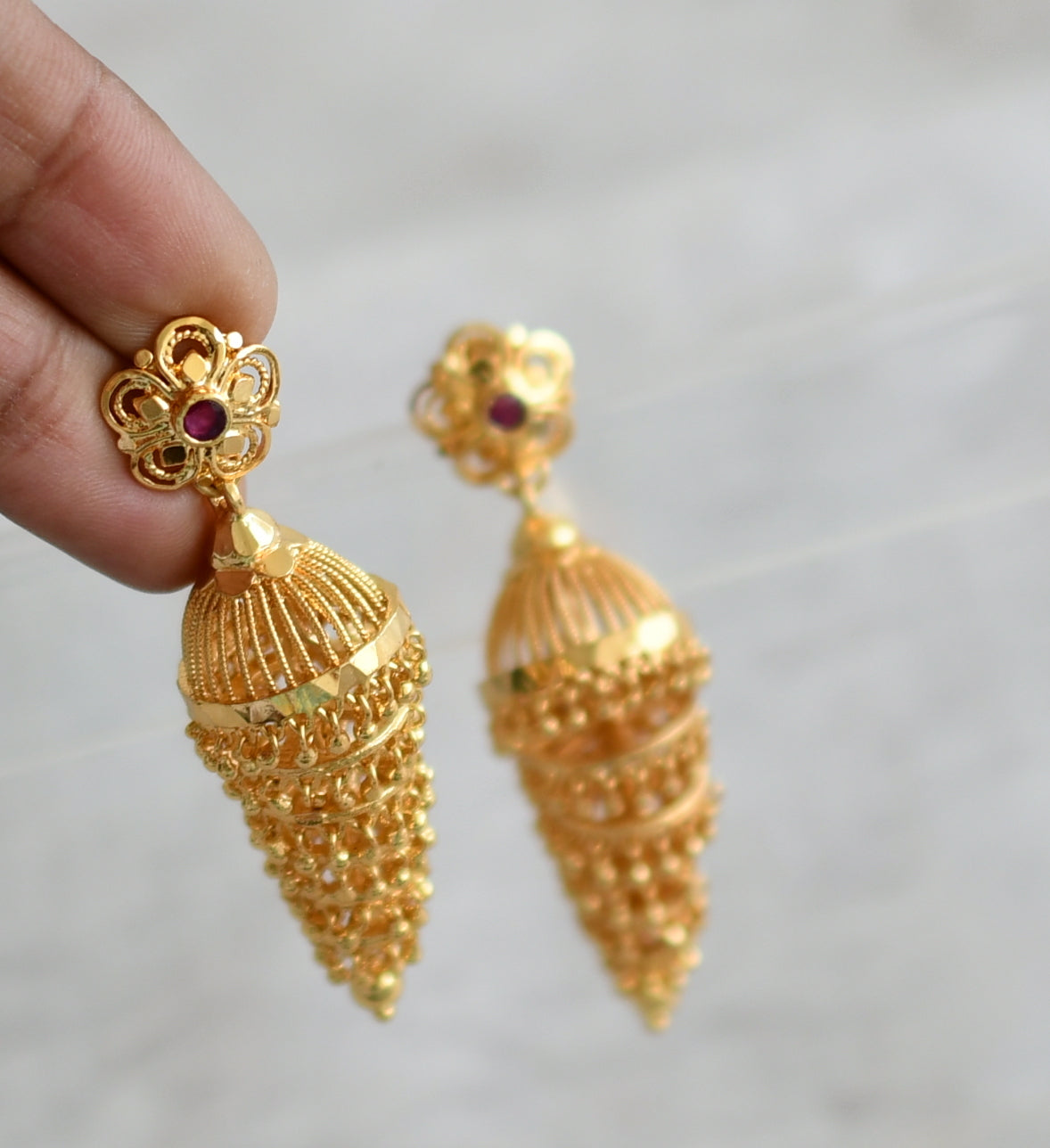 Gold tone kerala style ruby flower step jhumkka dj-49198