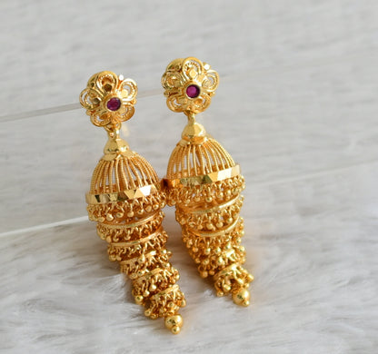 Gold tone kerala style ruby flower step jhumkka dj-49198