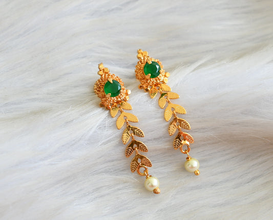 Gold tone green-pearl leaf earrings dj-42677