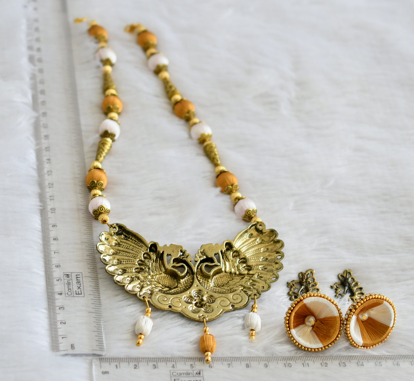 Awesome Designer Silk Thread Yellow-white Peacock Necklace Set-dj09300