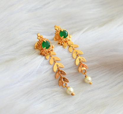 Gold tone green-pearl leaf earrings dj-42677