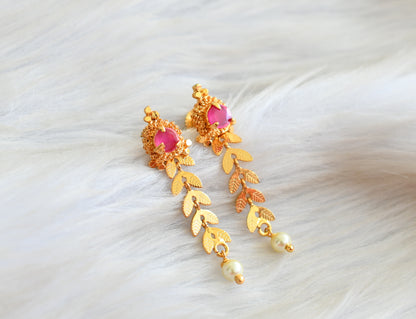 Gold tone ruby-pearl leaf earrings dj-42678