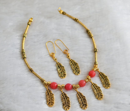 Antique gold tone Light Red feather Necklace Set -dj09320