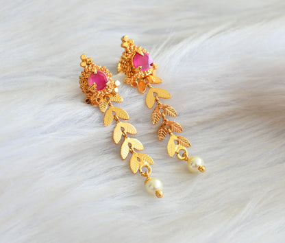 Gold tone ruby-pearl leaf earrings dj-42678