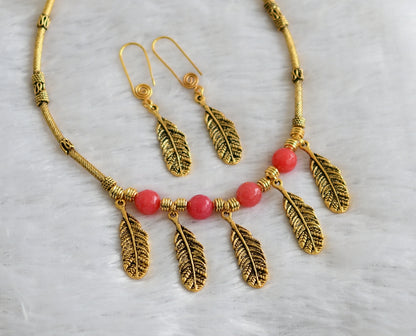 Antique gold tone Light Red feather Necklace Set -dj09320