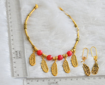 Antique gold tone Light Red feather Necklace Set -dj09320