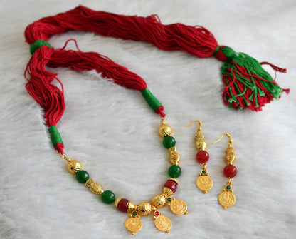 Gold Tone Lakshmi Coin Red-green Thread Necklace Set -dj09374