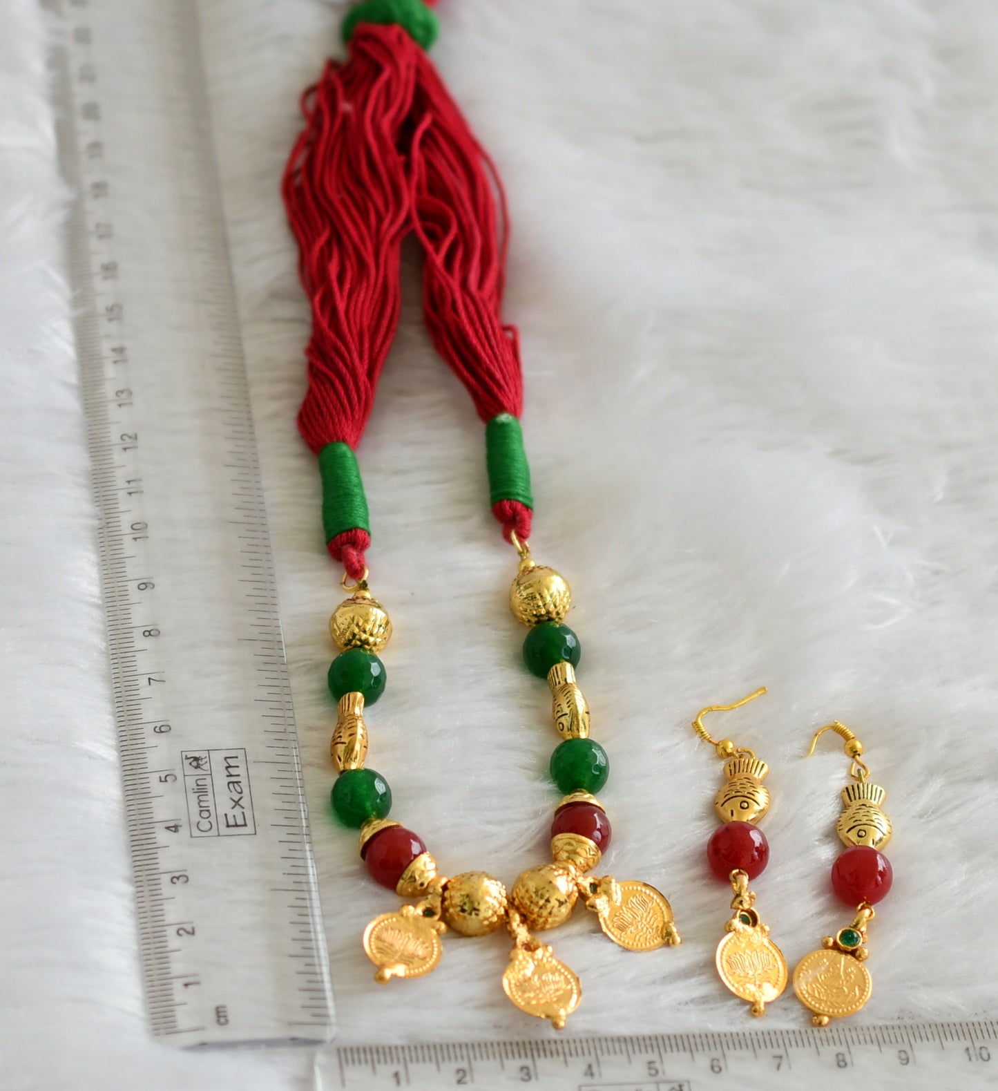 Gold Tone Lakshmi Coin Red-green Thread Necklace Set -dj09374