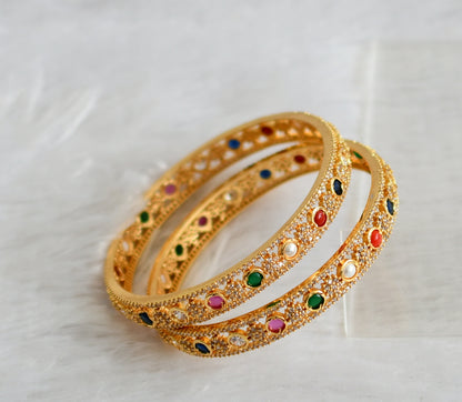 Gold tone cz white navarathna stone flower bangles(2.4) dj-47395