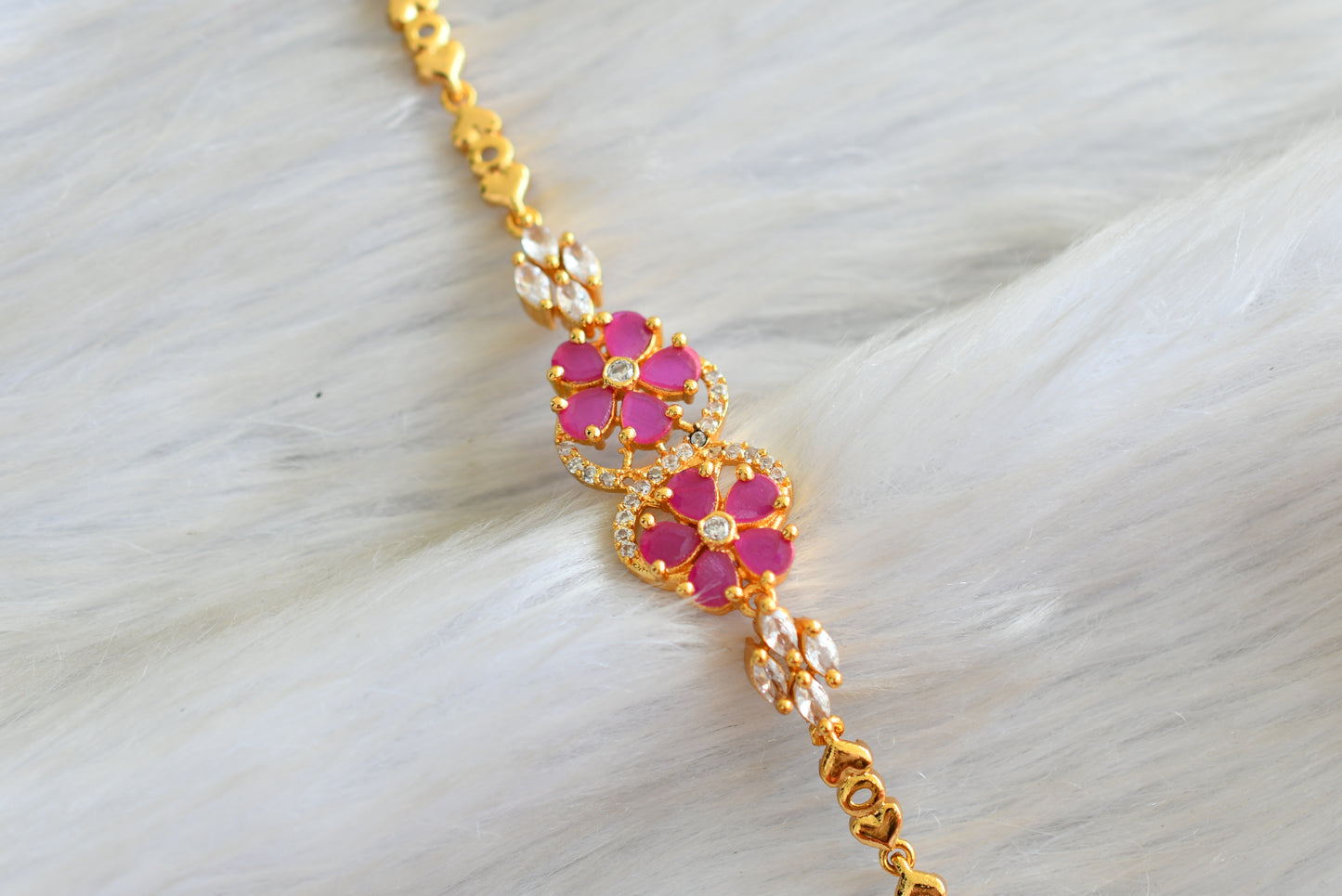 Gold tone Cz Ruby-white flower bracelet dj-42670