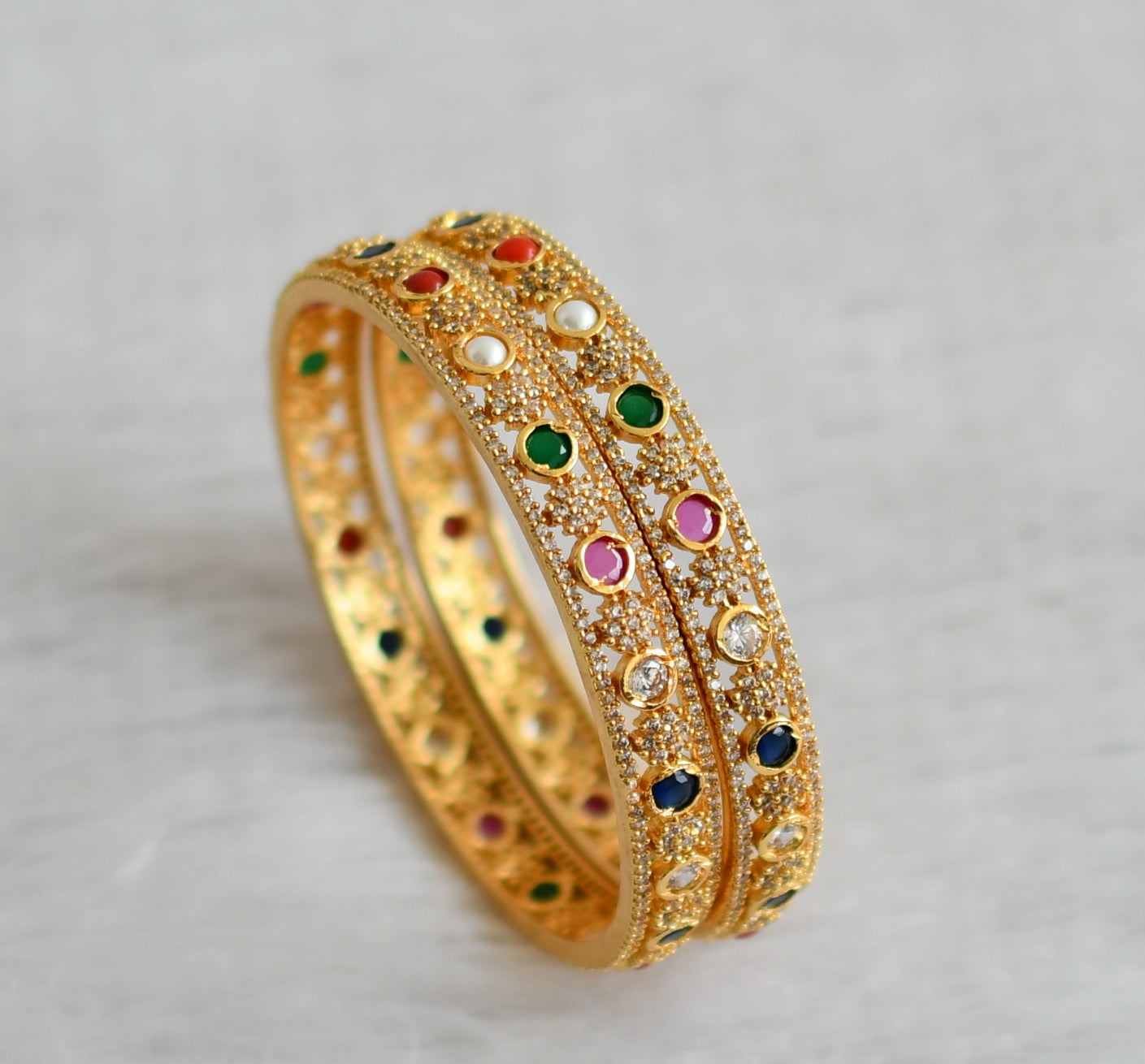 Gold tone cz white navarathna stone flower bangles(2.4) dj-47395