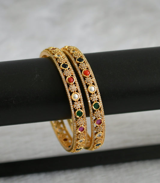 Gold tone cz white navarathna stone flower bangles(2.4) dj-47395