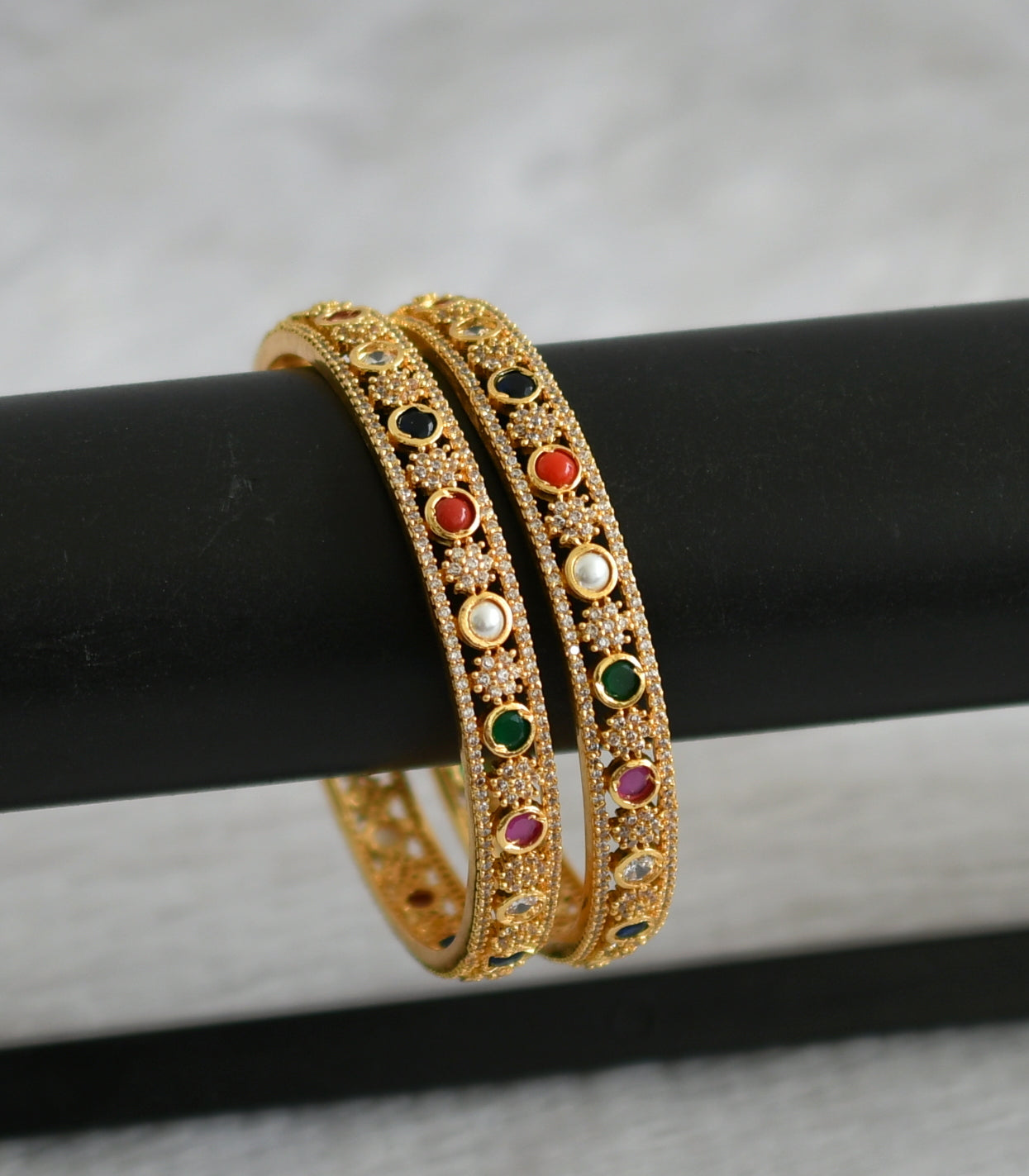 Gold tone cz white navarathna stone flower bangles(2.8) dj-47397