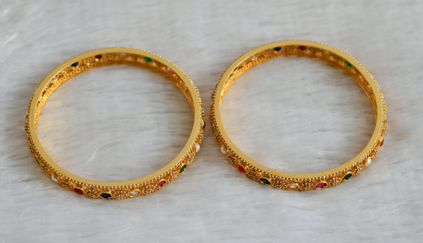 Gold tone cz white navarathna stone flower bangles(2.4) dj-47395