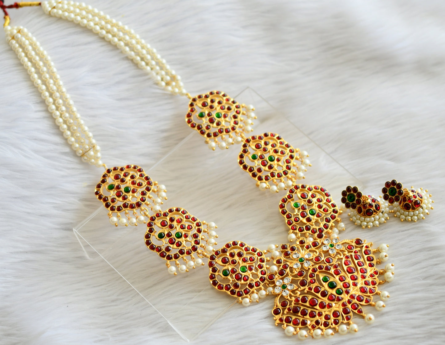 Gold tone kemp-green-white lotus peacock pearl haar set dj-45738