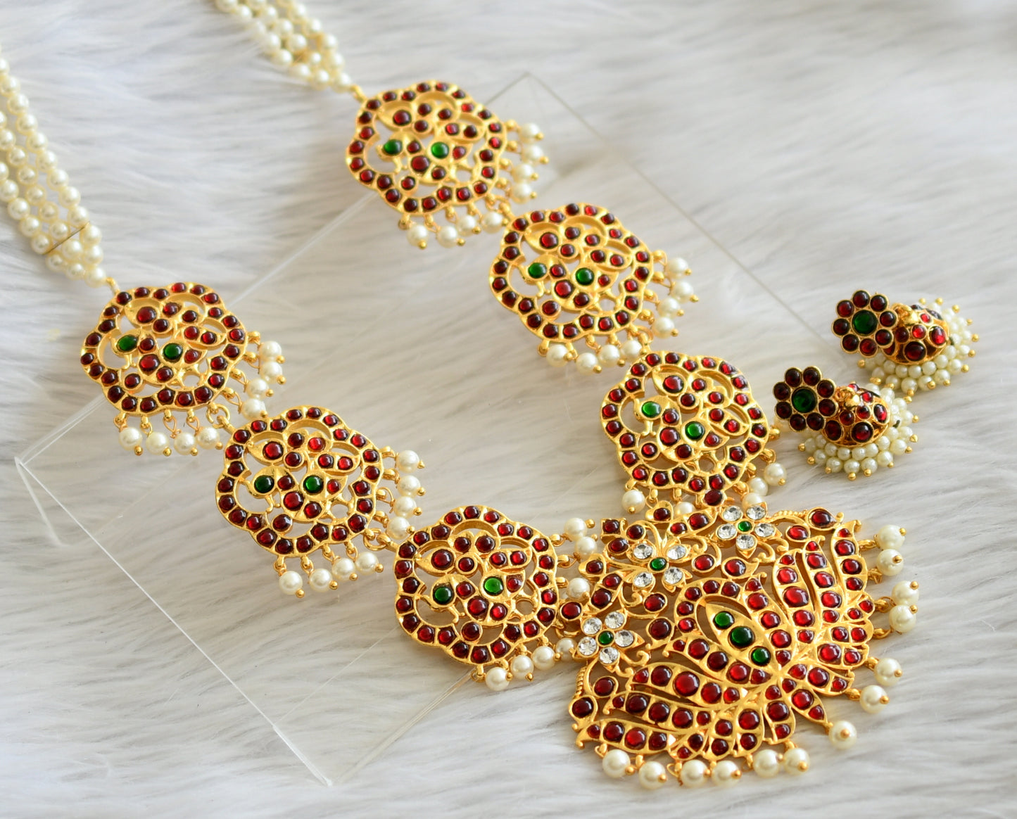 Gold tone kemp-green-white lotus peacock pearl haar set dj-45738