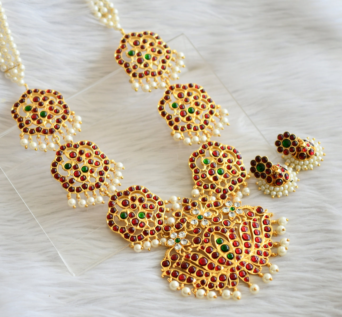 Gold tone kemp-green-white lotus peacock pearl haar set dj-45738