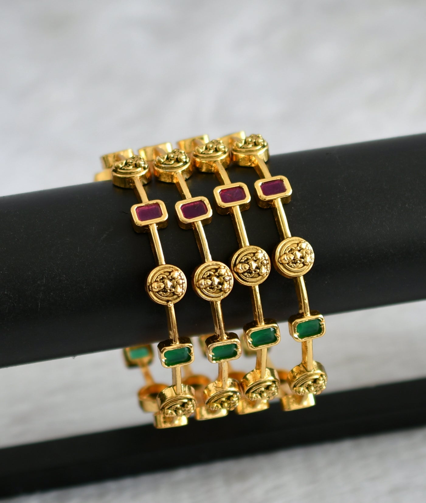 Matte finish ruby-green block stone lakshmi set of 4 bangles(2.8) dj-47404