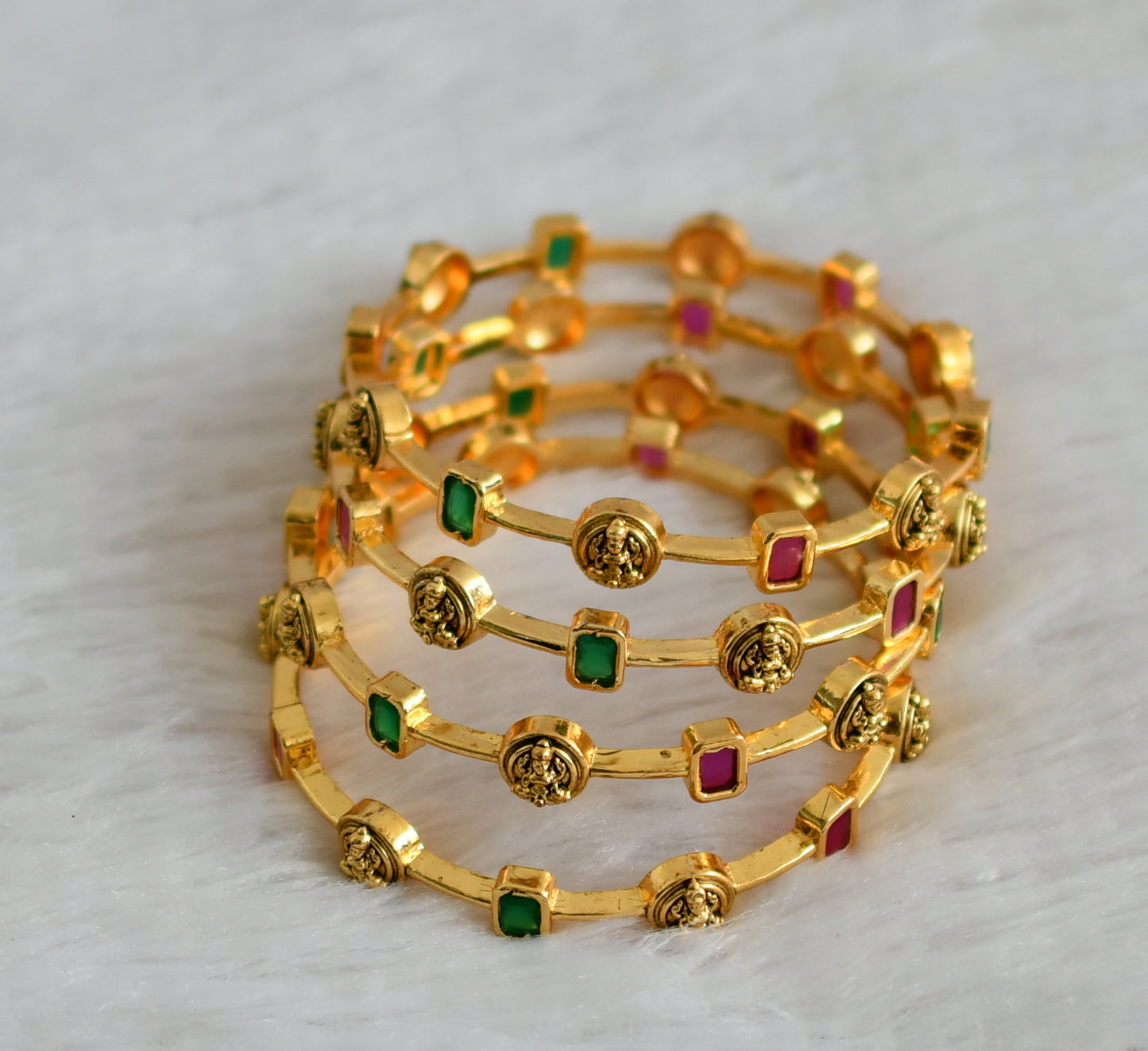 Matte finish ruby-green block stone lakshmi set of 4 bangles(2.4) dj-47402