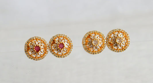 Gold tone cz white-ruby round combo earrings/stud dj-49224