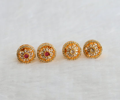 Gold tone cz white-ruby round combo earrings/stud dj-49224