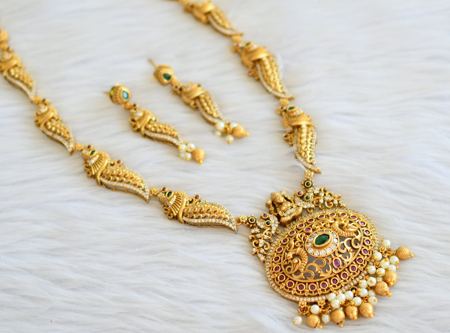 Matte finish kemp-green-white lakshmi peacock haar set dj-44009