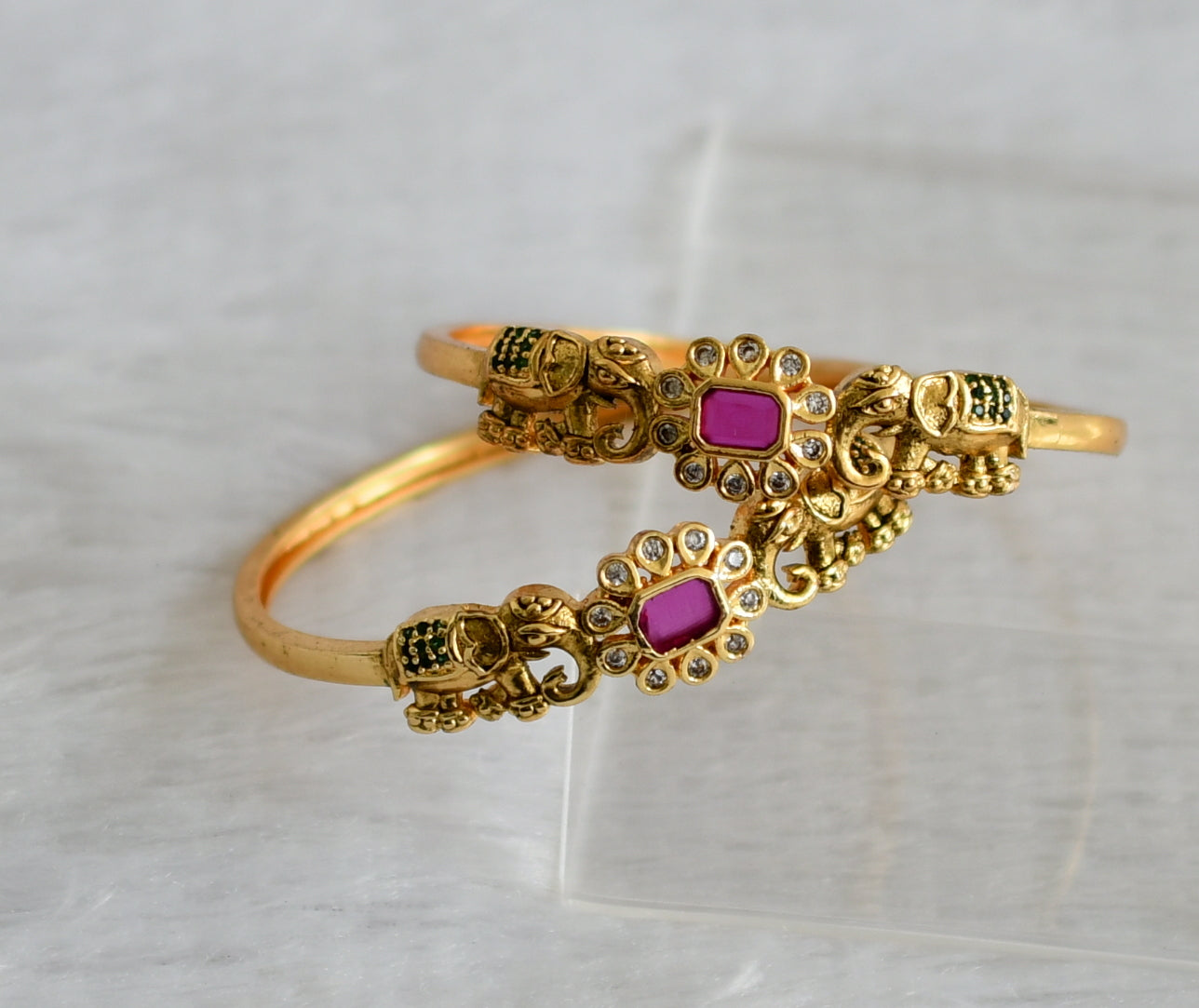 Matte finish ruby-green-white block stone elephant flower kada/bangles(2.4) dj-47418