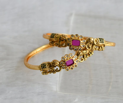 Matte finish ruby-green-white block stone elephant flower kada/bangles(2.4) dj-47418