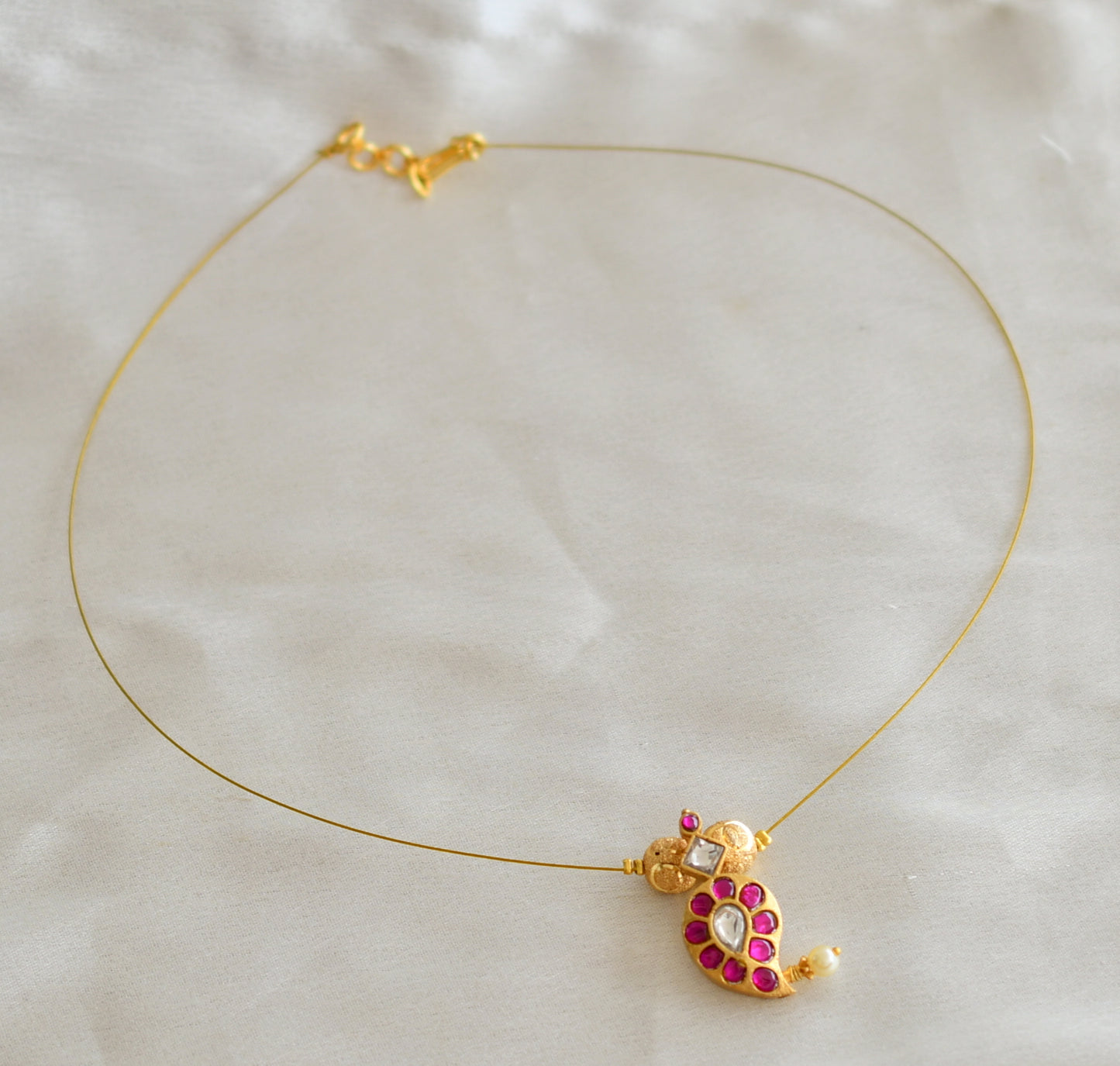 Gold tone pink-white kundan jadau mango invisible necklace dj-45740