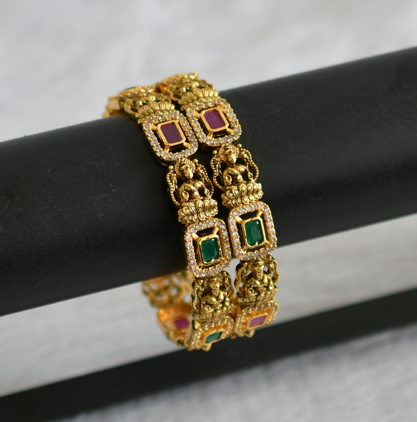 Matte finish ruby-green-white block stone lakshmi bangles(2.4) dj-47408