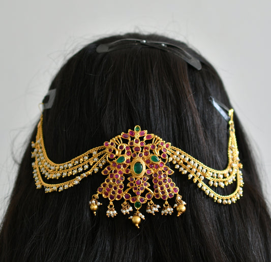 Gold tone ruby-green pearl peacock hair jewel dj-46236