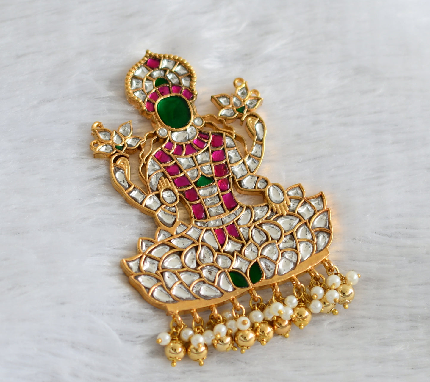 Gold tone white-pink-green kundan jadau Lakshmi pendant dj-47423