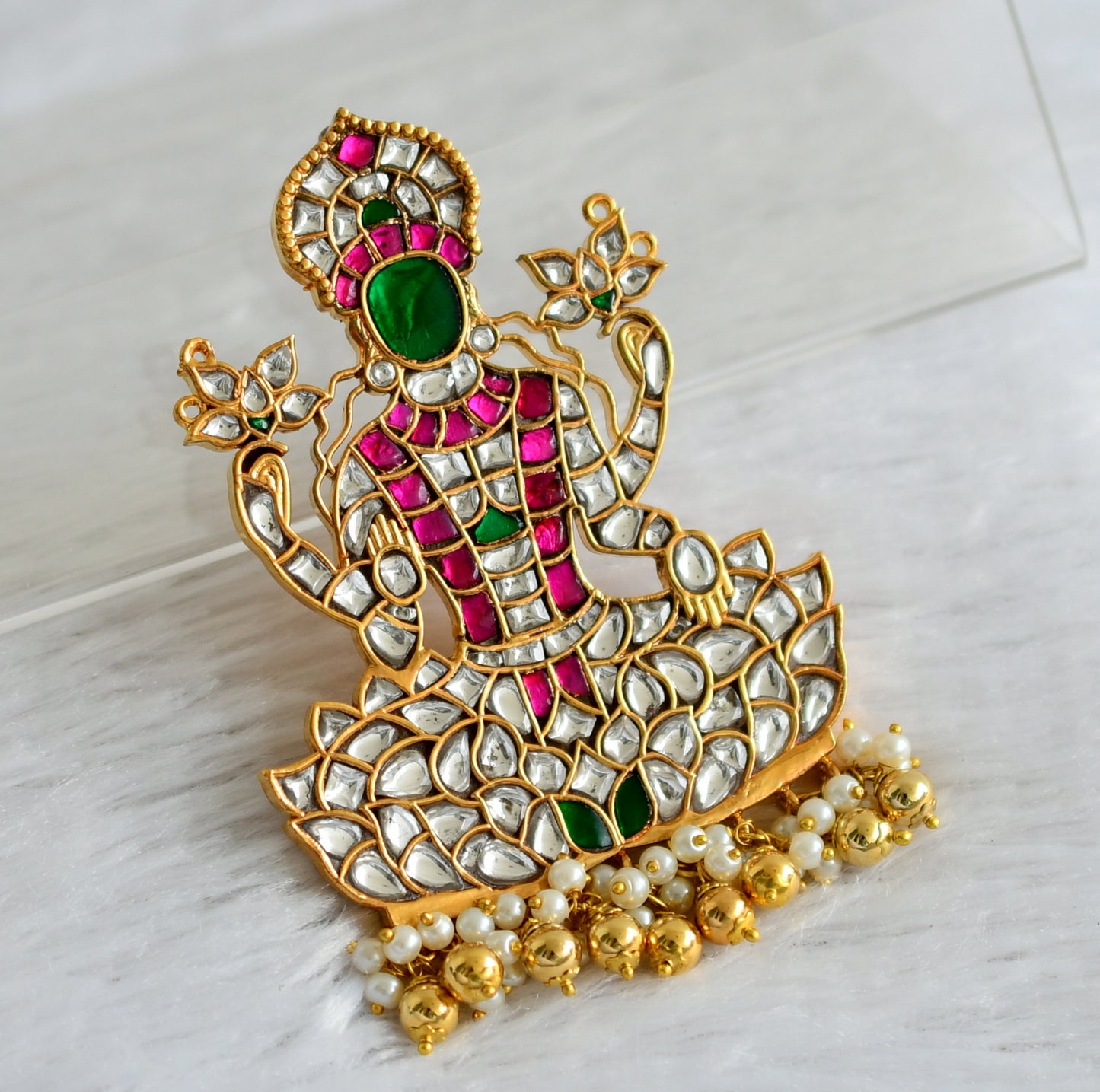 Gold tone white-pink-green kundan jadau Lakshmi pendant dj-47423