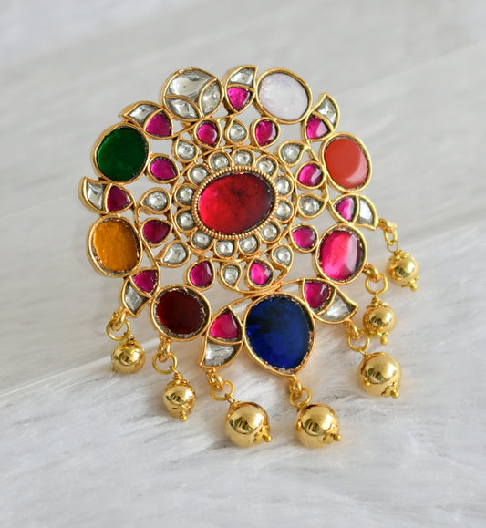 Gold tone navarathna kundan jadau flower pendant dj-47421