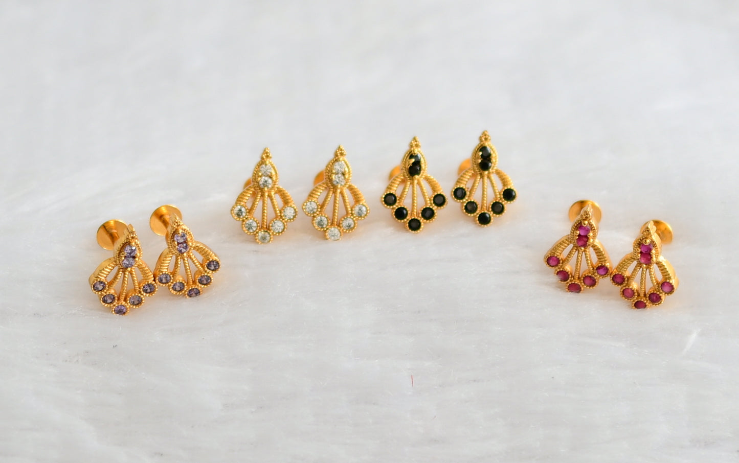 Gold tone ruby-white-black-purple combo earrings dj-49226