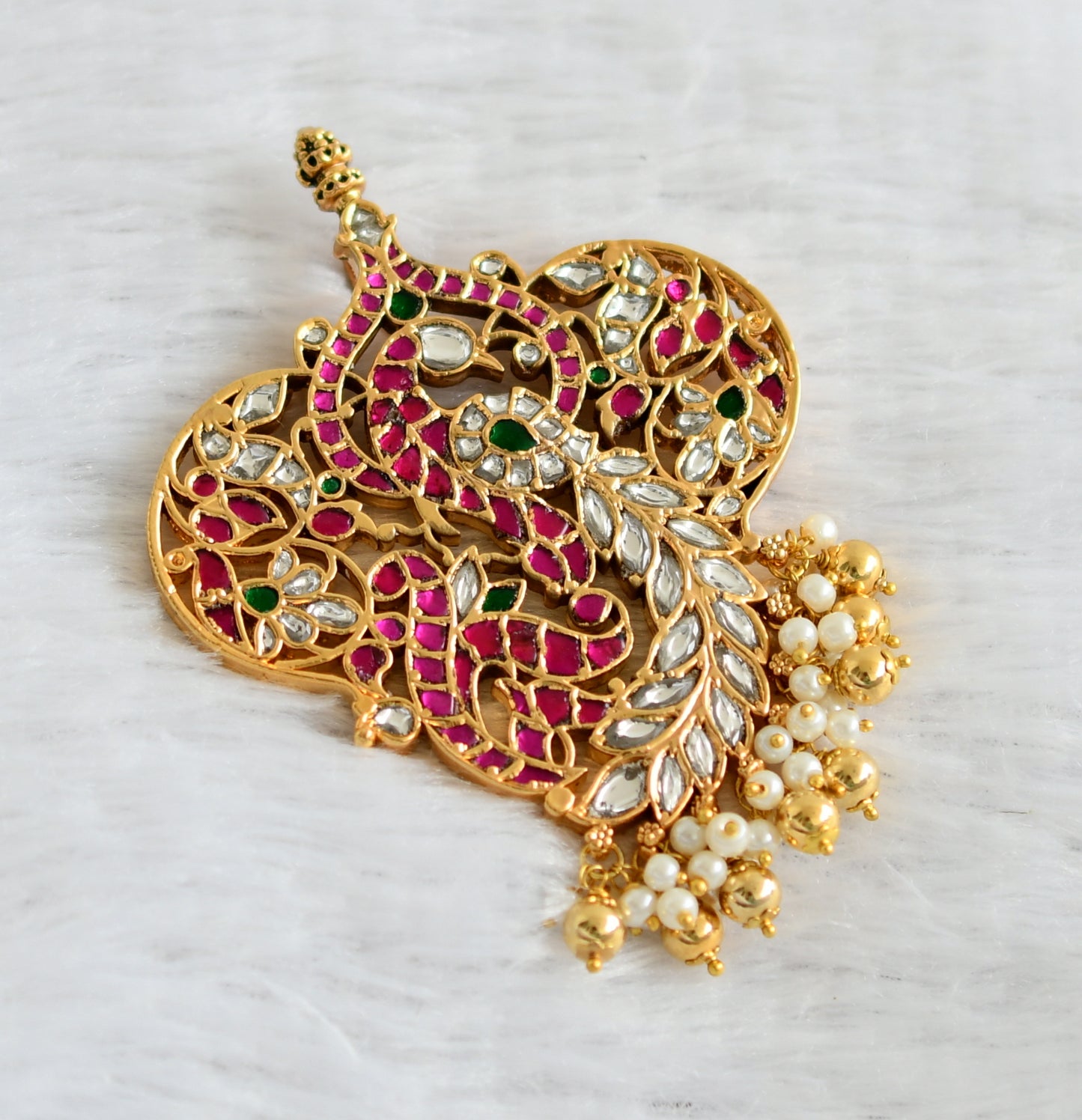 Gold tone pink-green-white kundan jadau peacock pendant dj-47425