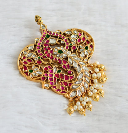 Gold tone pink-green-white kundan jadau peacock pendant dj-47425