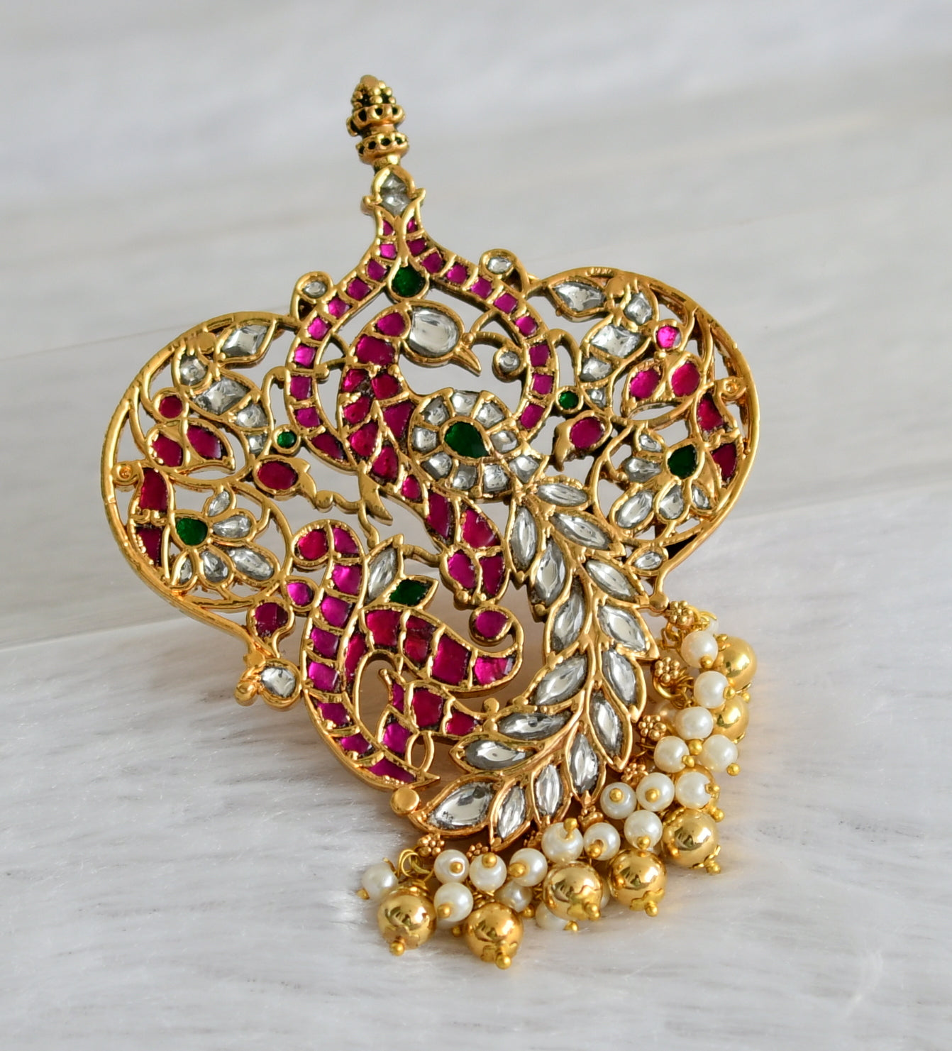 Gold tone pink-green-white kundan jadau peacock pendant dj-47425