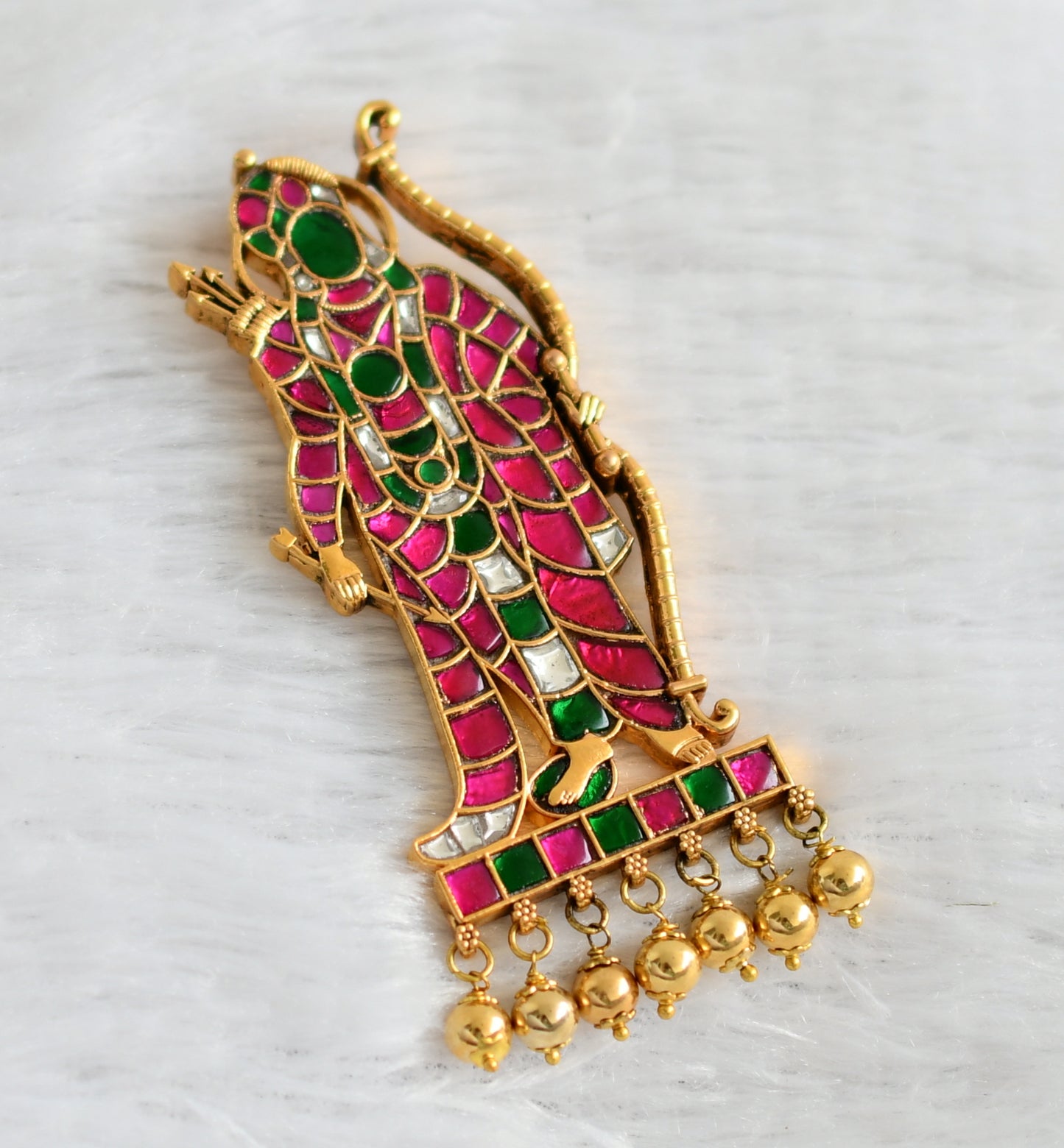 Gold tone pink-green -white kundan jadau Shri Ram pendant dj-47426